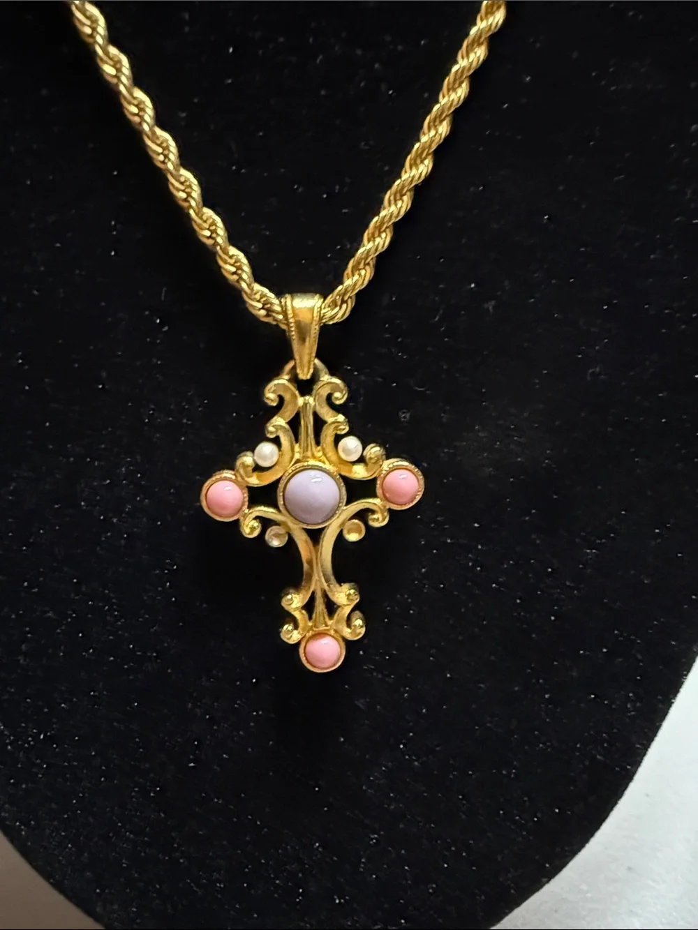 Elegant Goldtone Cross Pendant Necklace with Pink and Lavender Cabochons